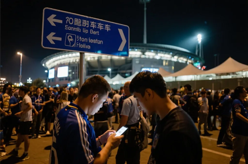 球迷在球场周边查看路线和交通指引